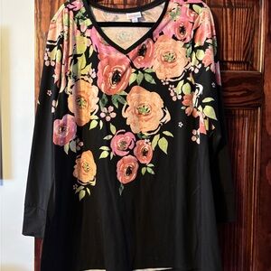 LuLaRoe Black V-Neck Long Sleeve Top with Pink & Peach Floral Print